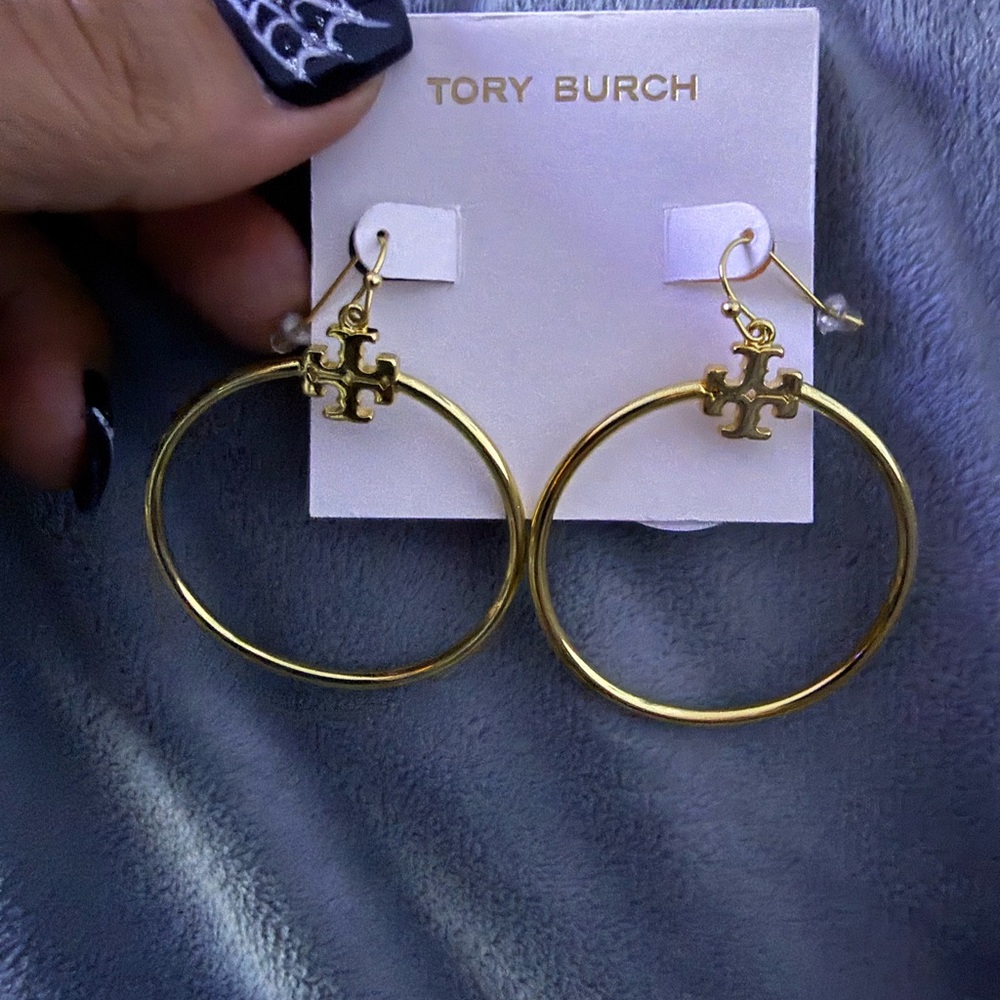 Tory Burch Gold Logo Hoop Earrings